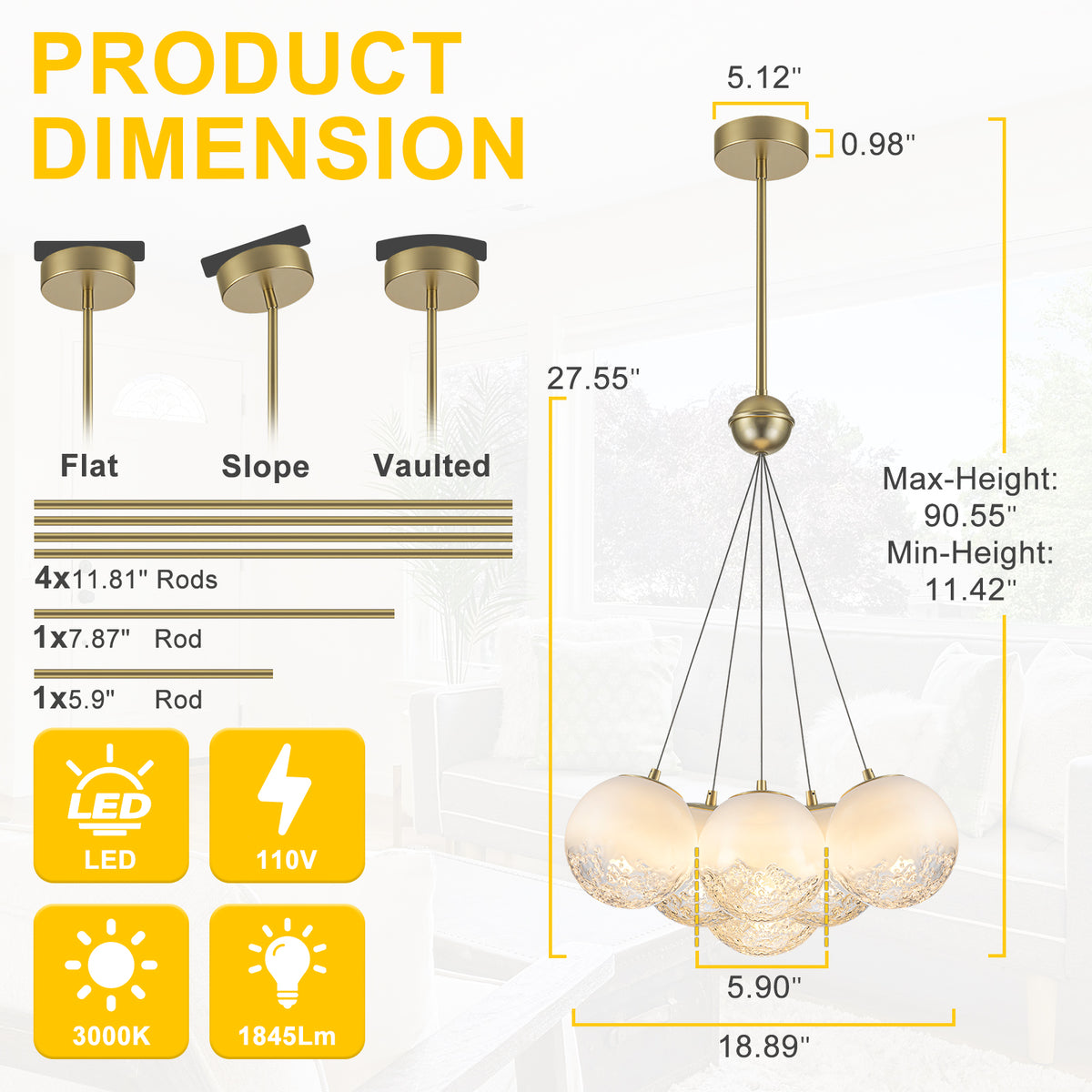 6-Light Modern Gradient Moon Glass Globe LED Chandelier Dimmable - product image 15 | Zenvolit