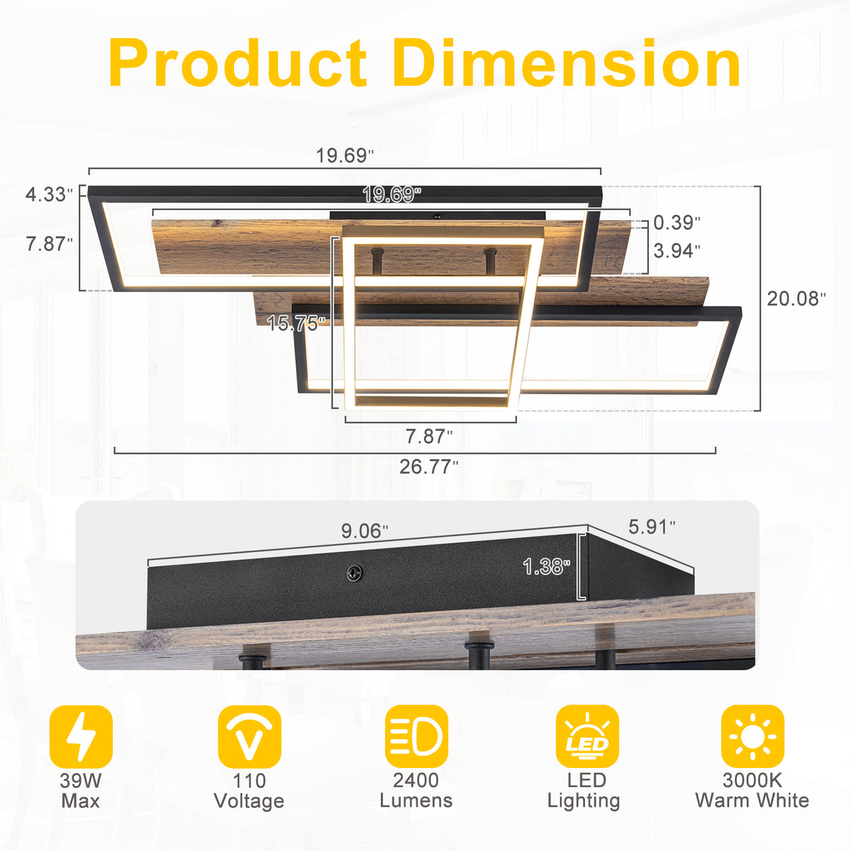 26.4 inch Rectangular Integrated LED Flush Mount Ceiling Light with Triac Dimmable - product image 12 | Zenvolit