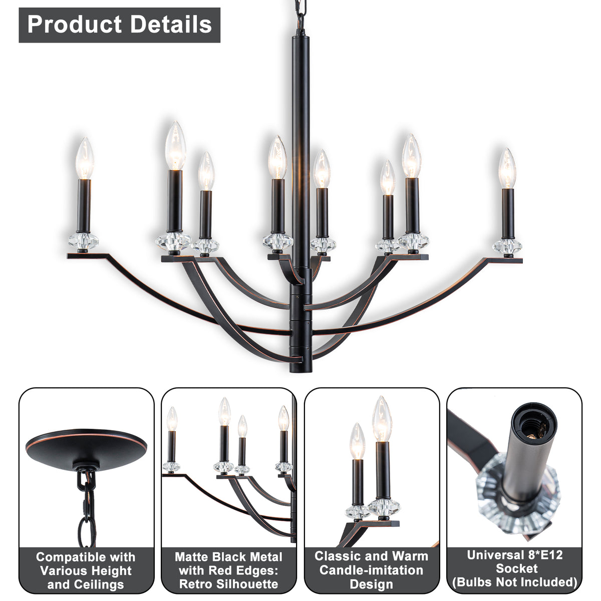 8-Light Industrial Black Chandelier Crystal Accents Adjustable Arms - product image 15 | Zenvolit