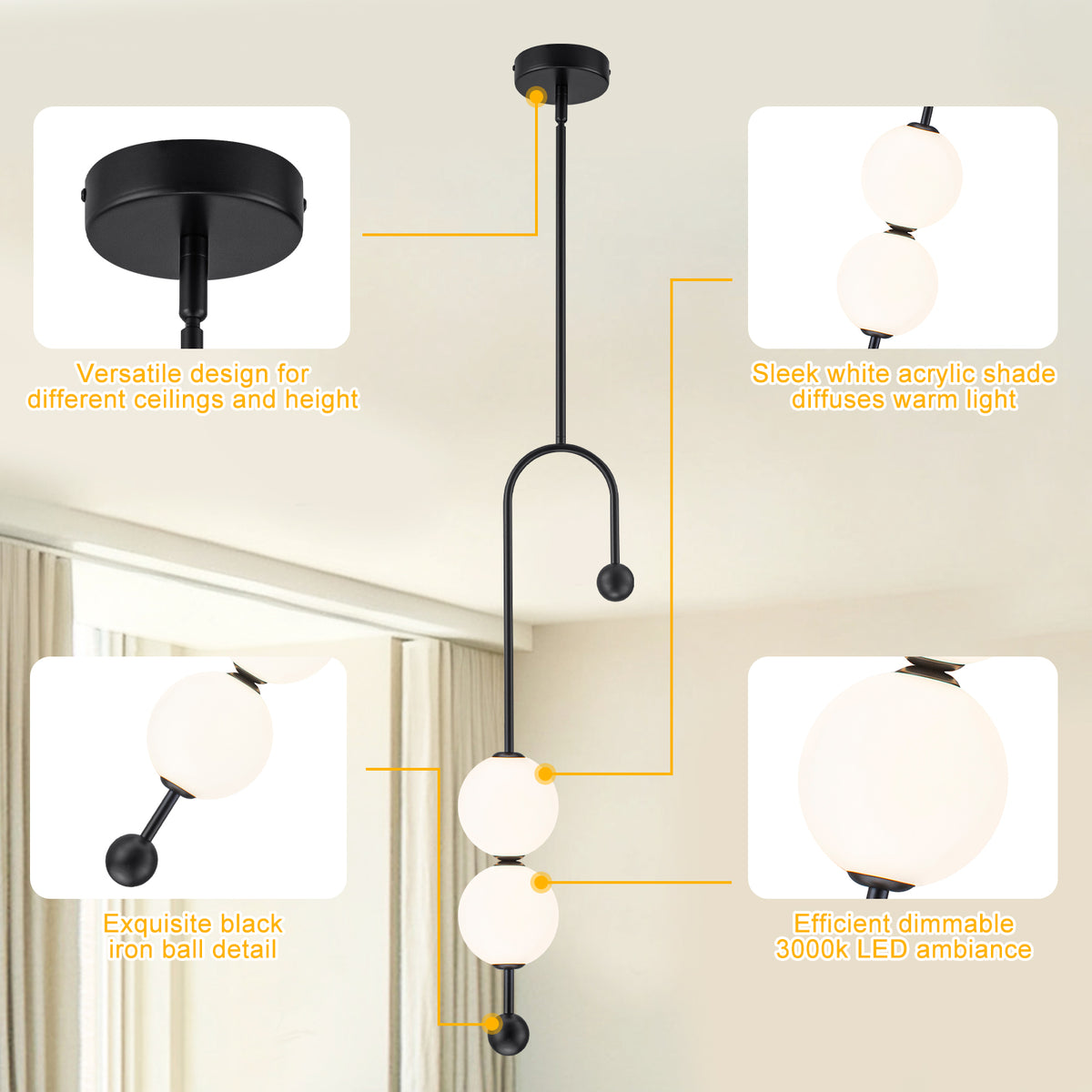 Black Dual Globe LED Pendant Light Dimmable Modern Hanging Fixture - product image 2 | Zenvolit