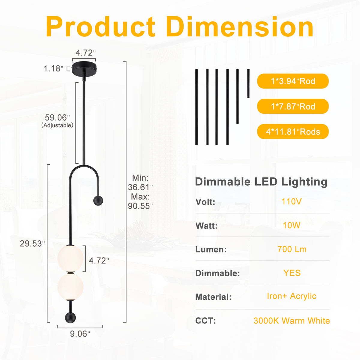 Black Dual Globe LED Pendant Light Dimmable Modern Hanging Fixture - product image 14 | Zenvolit
