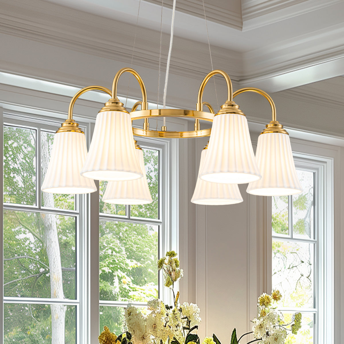 6-Light Modern Gold Chandelier Pleated Trumpet White Ceramic Shades - product image 1 | Zenvolit