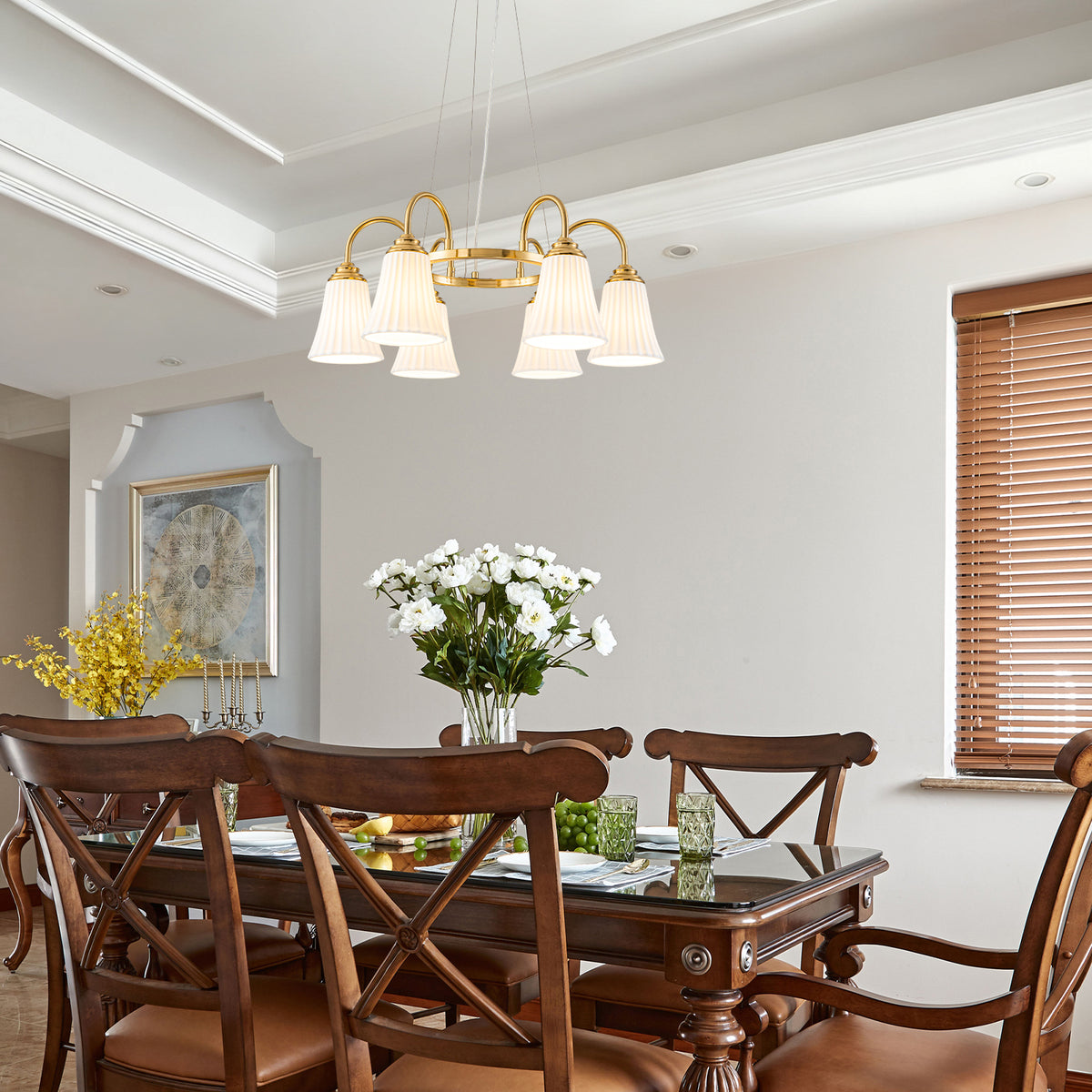 6-Light Modern Gold Chandelier Pleated Trumpet White Ceramic Shades - product image 2 | Zenvolit