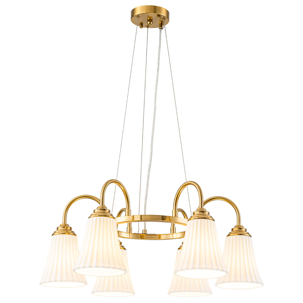 6-Light Modern Gold Chandelier Pleated Trumpet White Ceramic Shades - product image 15 | Zenvolit