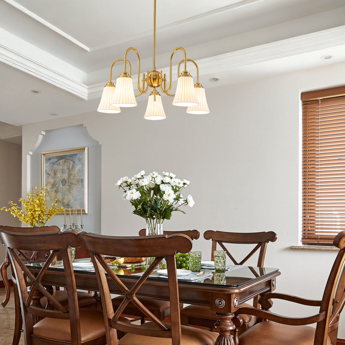 5-Light Modern Gold Chandelier Pleated Trumpet White Ceramic Shades - product image 2 | Zenvolit