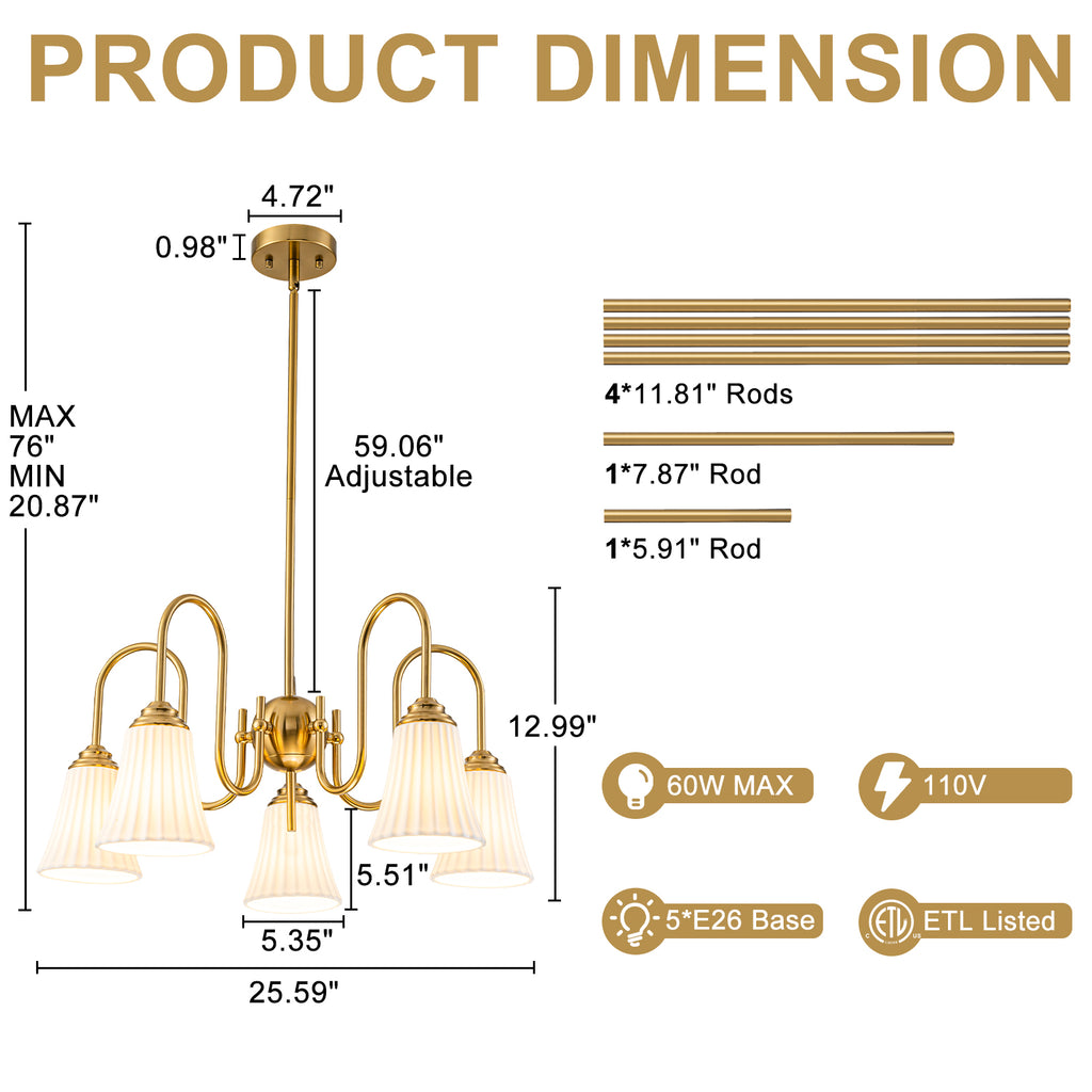 5-Light Modern Gold Chandelier Pleated Trumpet White Ceramic Shades - product image 7 | Zenvolit