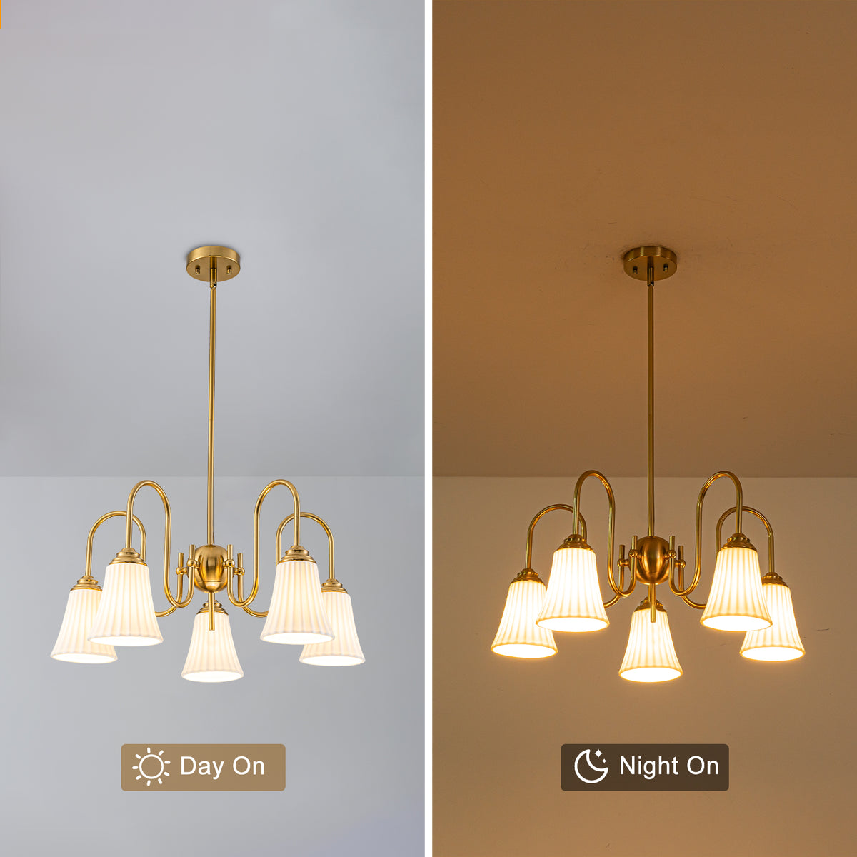 5-Light Modern Gold Chandelier Pleated Trumpet White Ceramic Shades - product image 8 | Zenvolit