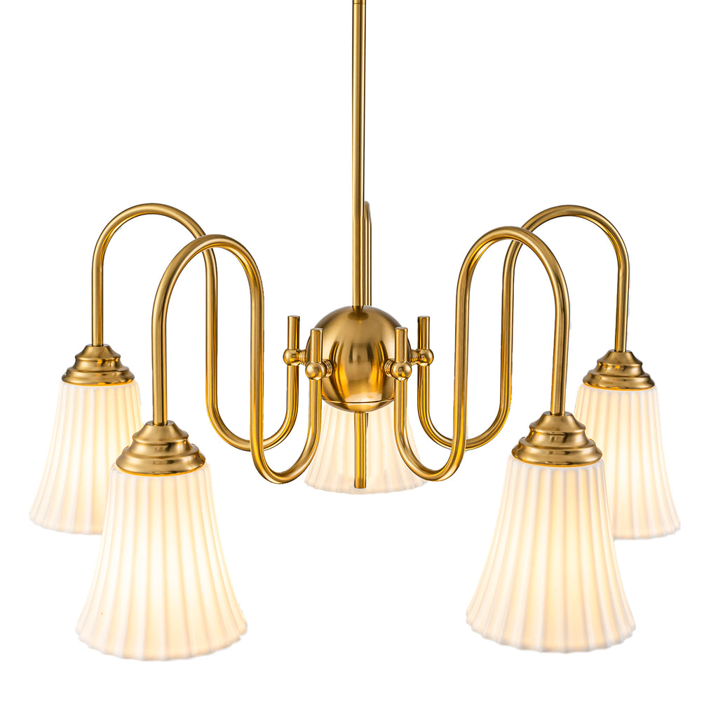 5-Light Modern Gold Chandelier Pleated Trumpet White Ceramic Shades - product image 9 | Zenvolit