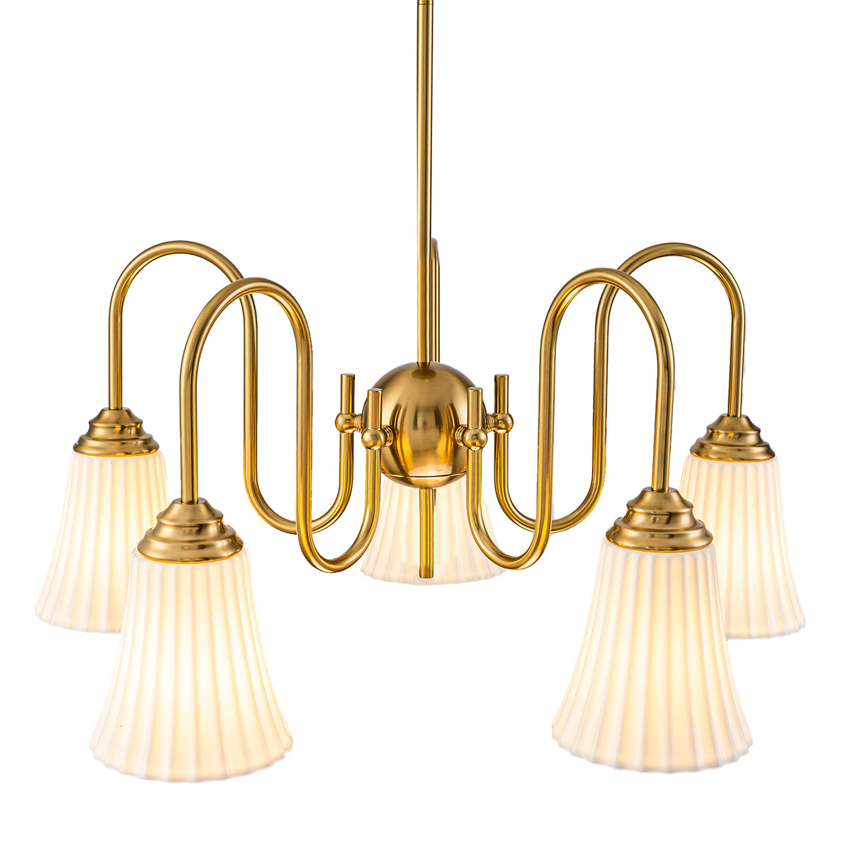 5-Light Modern Gold Chandelier Pleated Trumpet White Ceramic Shades - product image 9 | Zenvolit