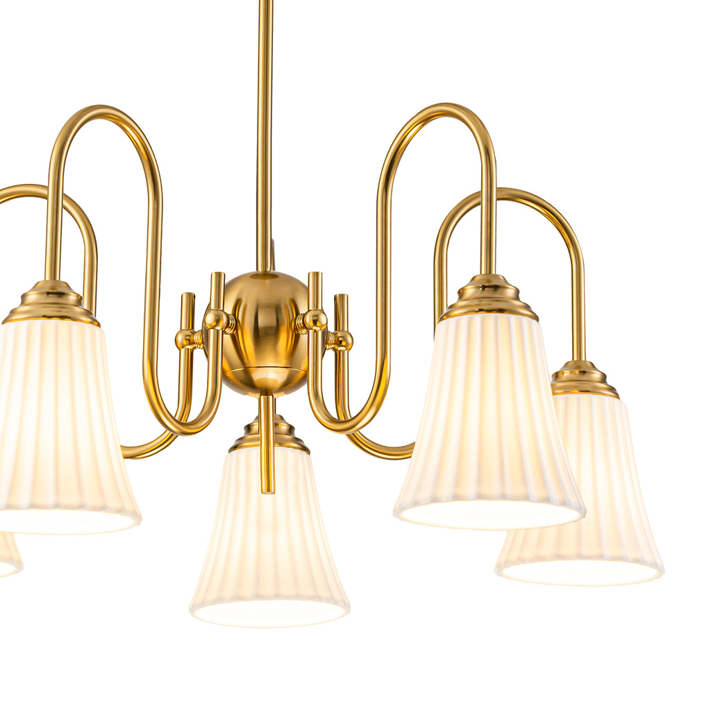 5-Light Modern Gold Chandelier Pleated Trumpet White Ceramic Shades - product image 10 | Zenvolit