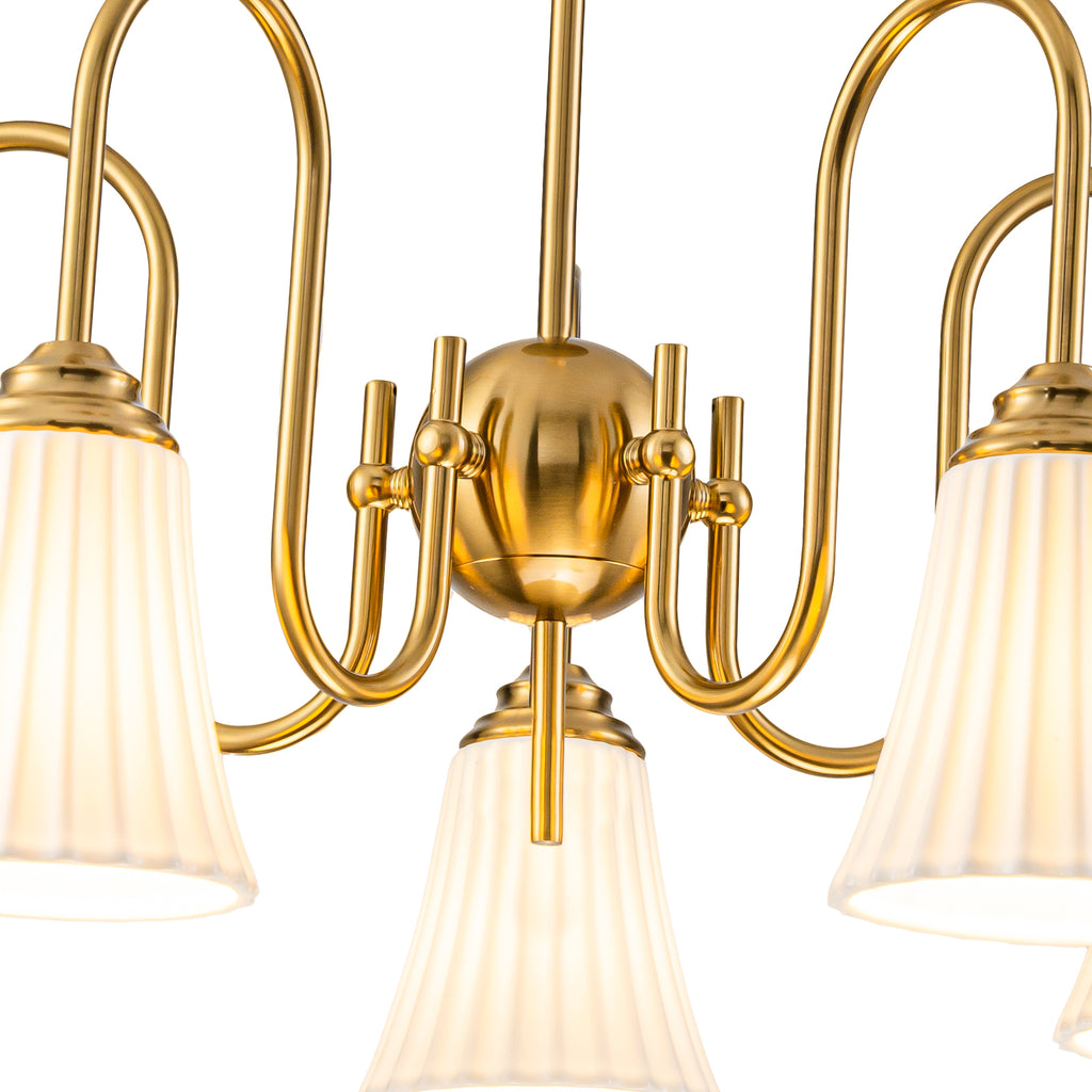 5-Light Modern Gold Chandelier Pleated Trumpet White Ceramic Shades - product image 11 | Zenvolit