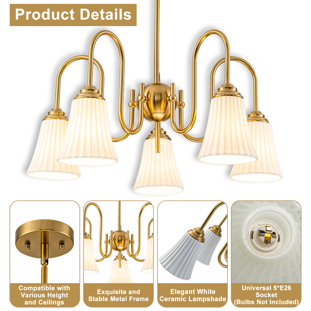 5-Light Modern Gold Chandelier Pleated Trumpet White Ceramic Shades - product image 14 | Zenvolit