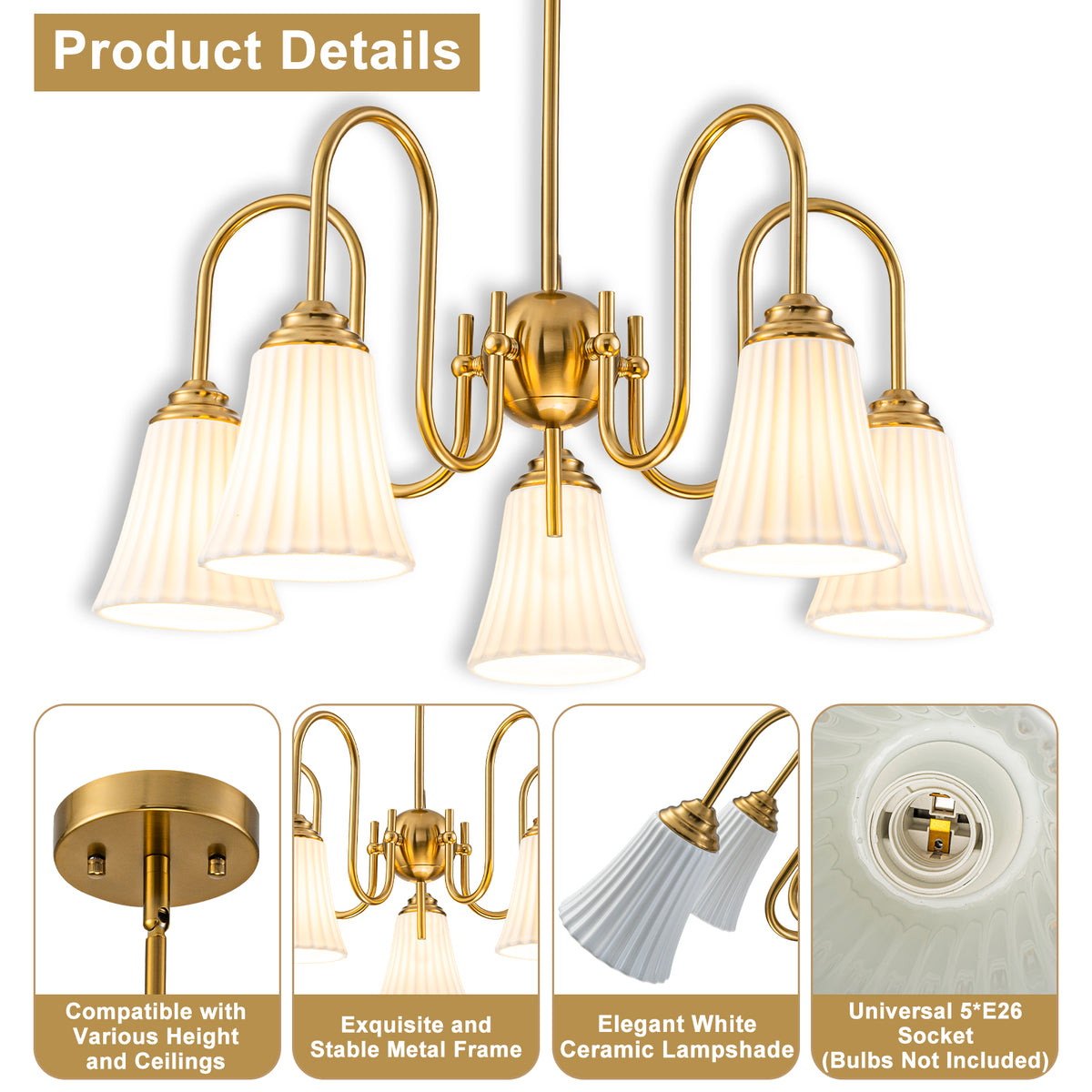 5-Light Modern Gold Chandelier Pleated Trumpet White Ceramic Shades - product image 14 | Zenvolit