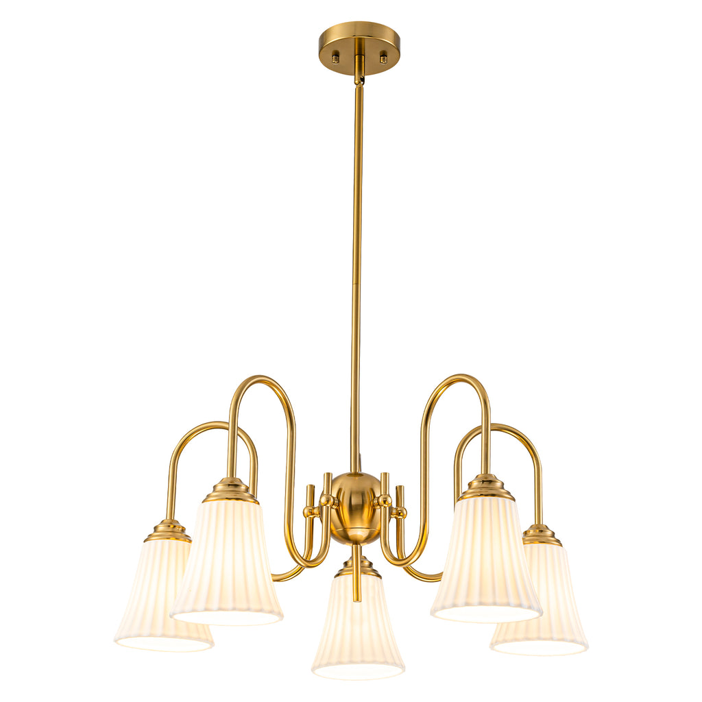 5-Light Modern Gold Chandelier Pleated Trumpet White Ceramic Shades - product image 15 | Zenvolit