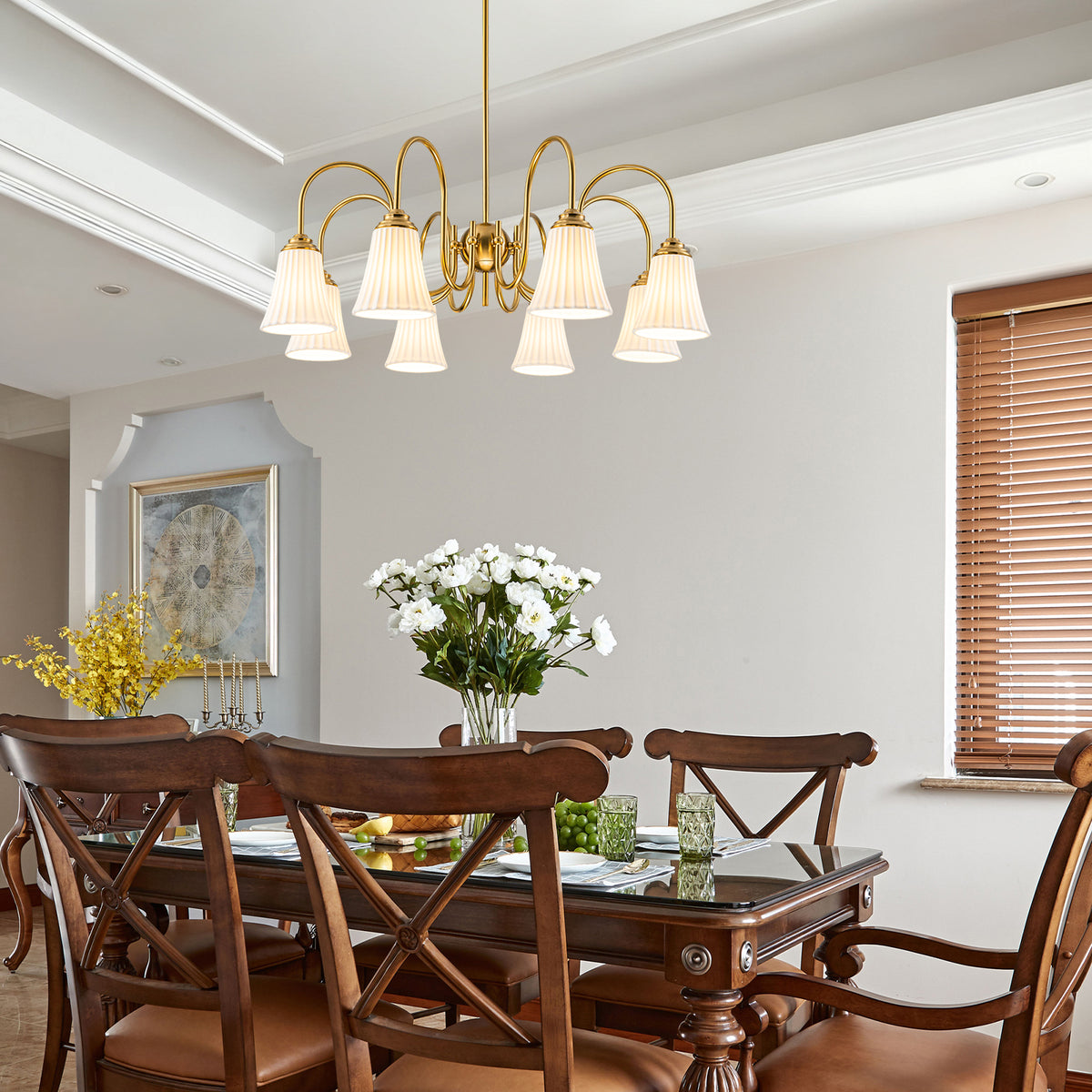 8-Light Modern Gold Chandelier Pleated Trumpet White Ceramic Shades - product image 1 | Zenvolit