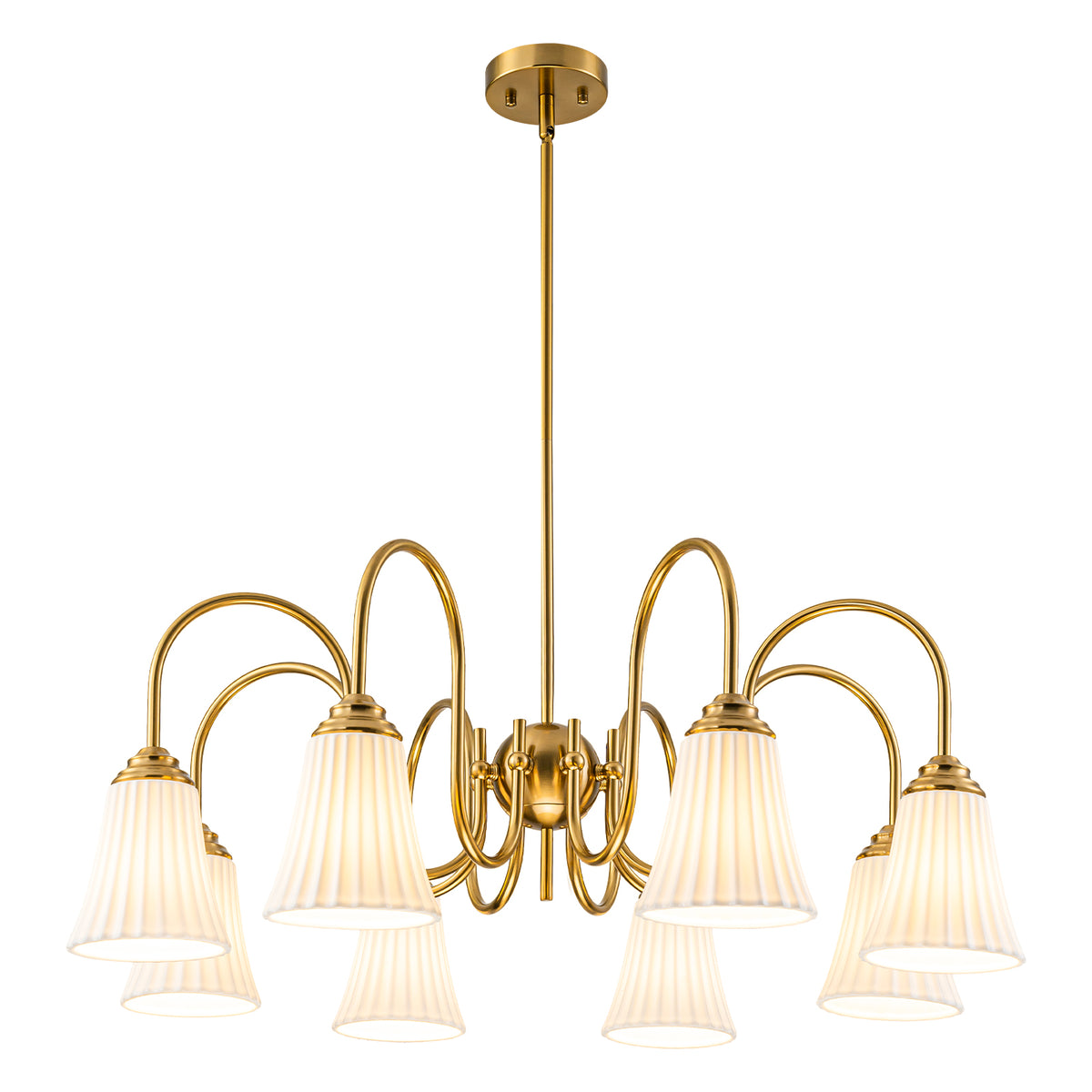 8-Light Modern Gold Chandelier Pleated Trumpet White Ceramic Shades - product image 15 | Zenvolit