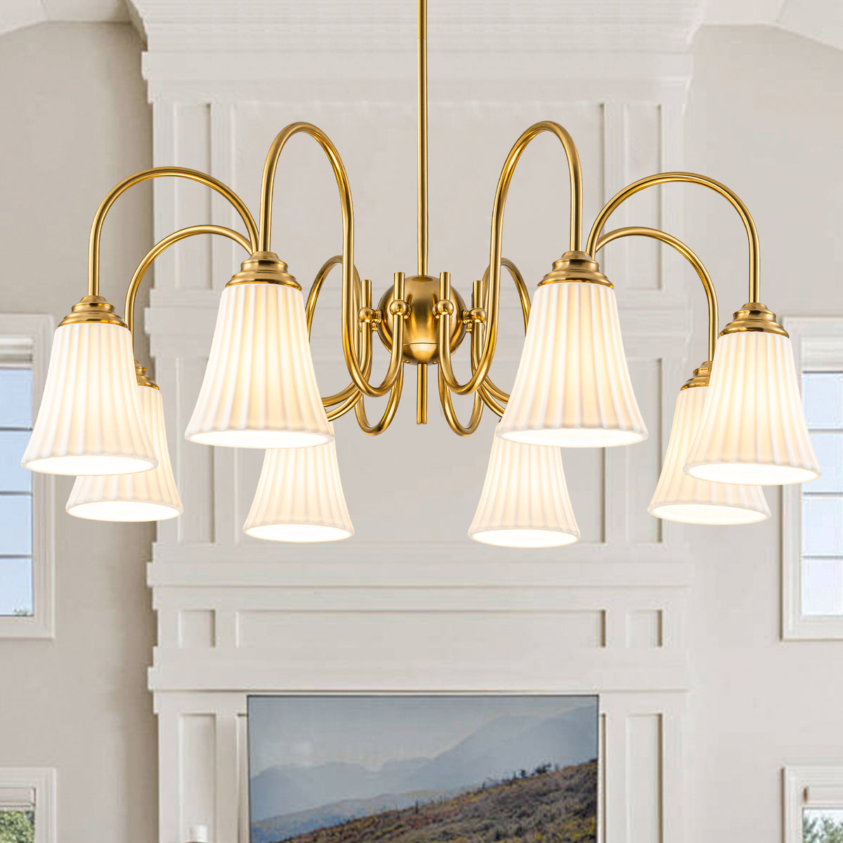 8-Light Modern Gold Chandelier Pleated Trumpet White Ceramic Shades - product image 16 | Zenvolit