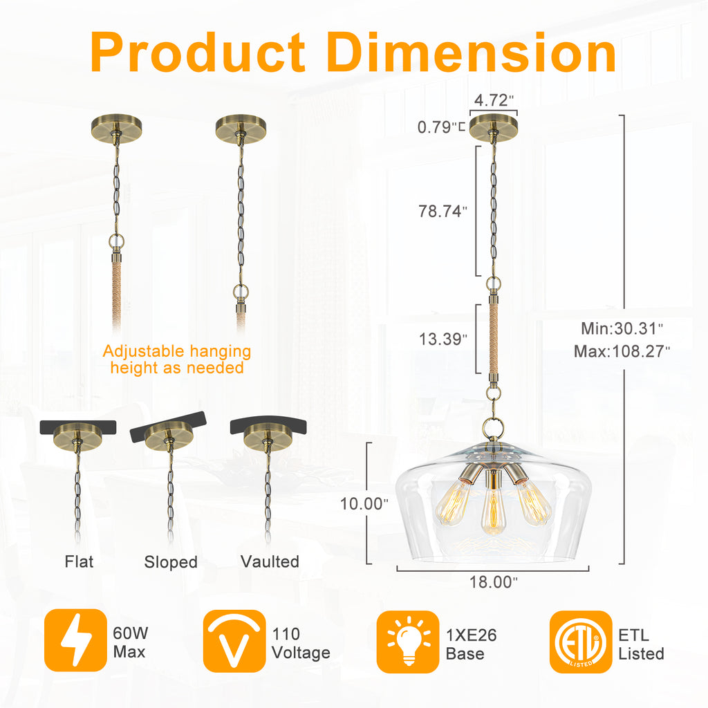 Modern 3-Light Clear Glass Pendant Chandelier for Kitchen Dining Room - product image 2 | Zenvolit
