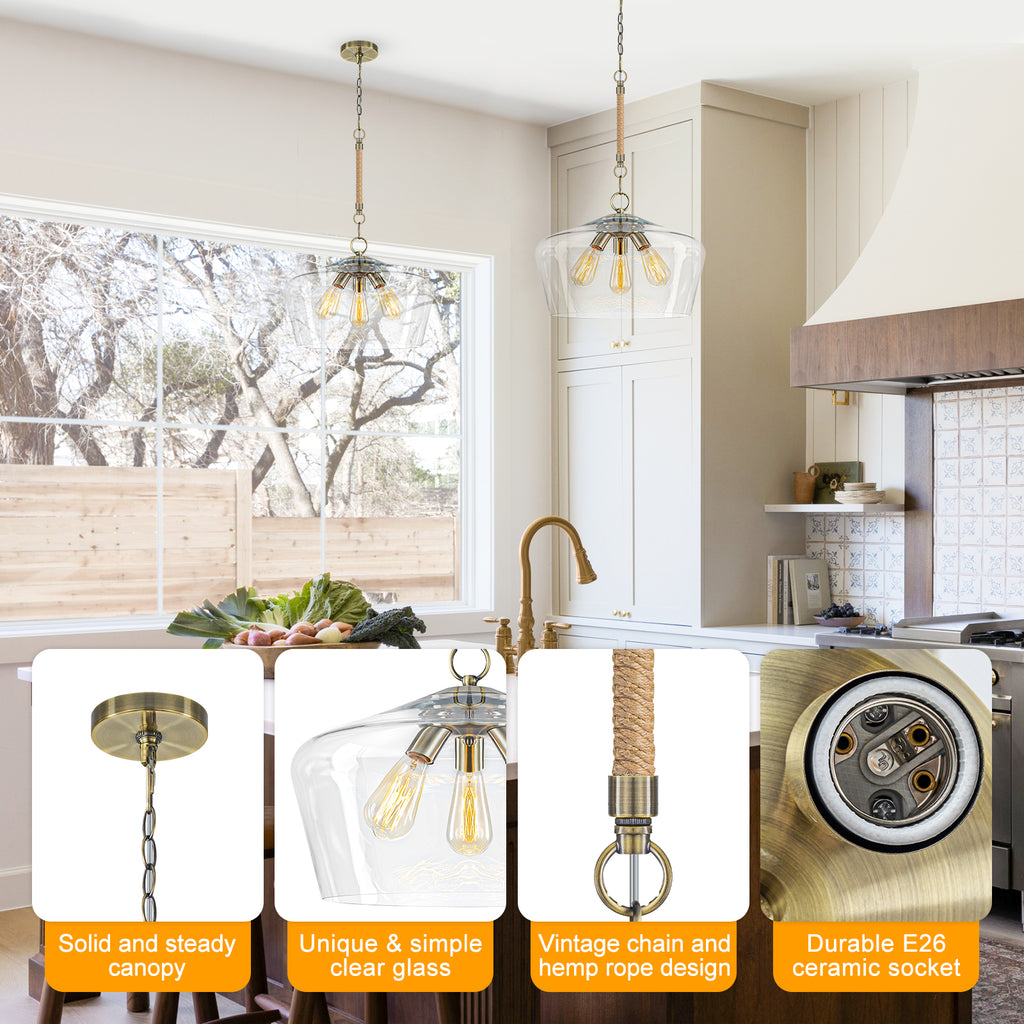Modern 3-Light Clear Glass Pendant Chandelier for Kitchen Dining Room - product image 4 | Zenvolit