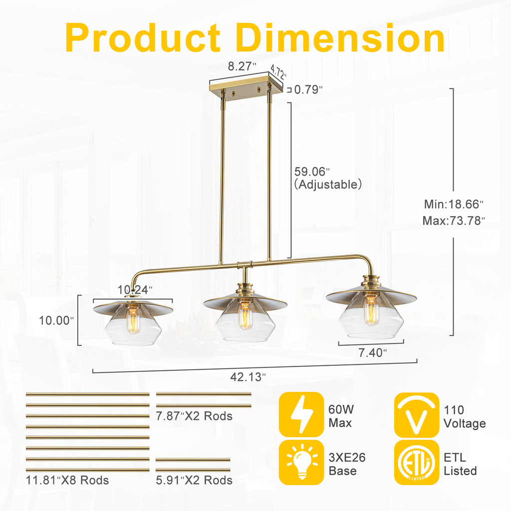 Modern 3-Light Linear Pendant Light with Clear Glass Lampshades - product image 4 | Zenvolit