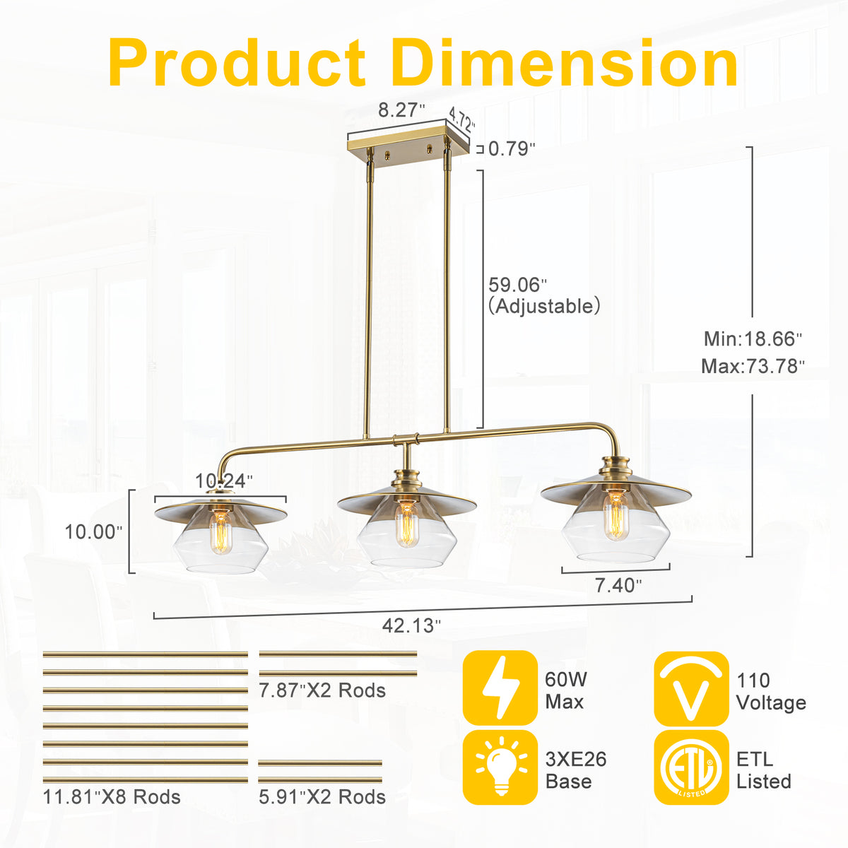 Modern 3-Light Linear Pendant Light with Clear Glass Lampshades - product image 4 | Zenvolit