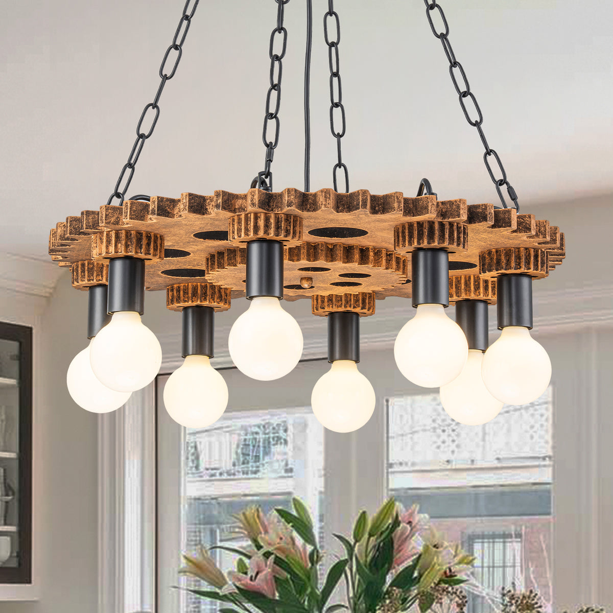 8-Light Industrial Steampunk Gear Chandelier with Vintage Wood - product image 1 | Zenvolit