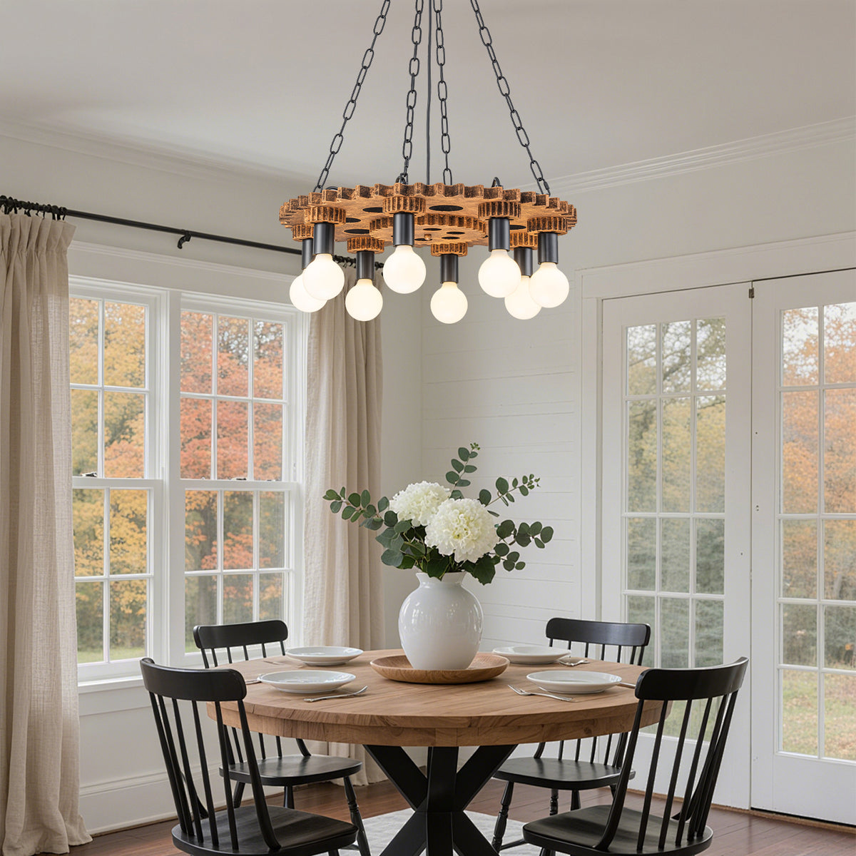 8-Light Industrial Steampunk Gear Chandelier with Vintage Wood - product image 2 | Zenvolit