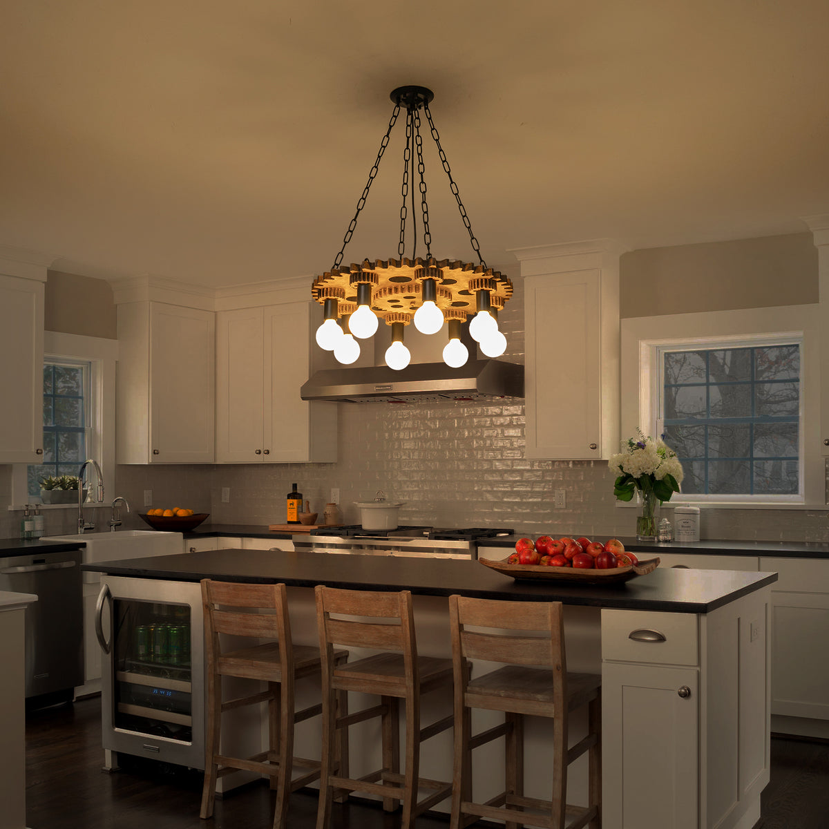 8-Light Industrial Steampunk Gear Chandelier with Vintage Wood - product image 3 | Zenvolit