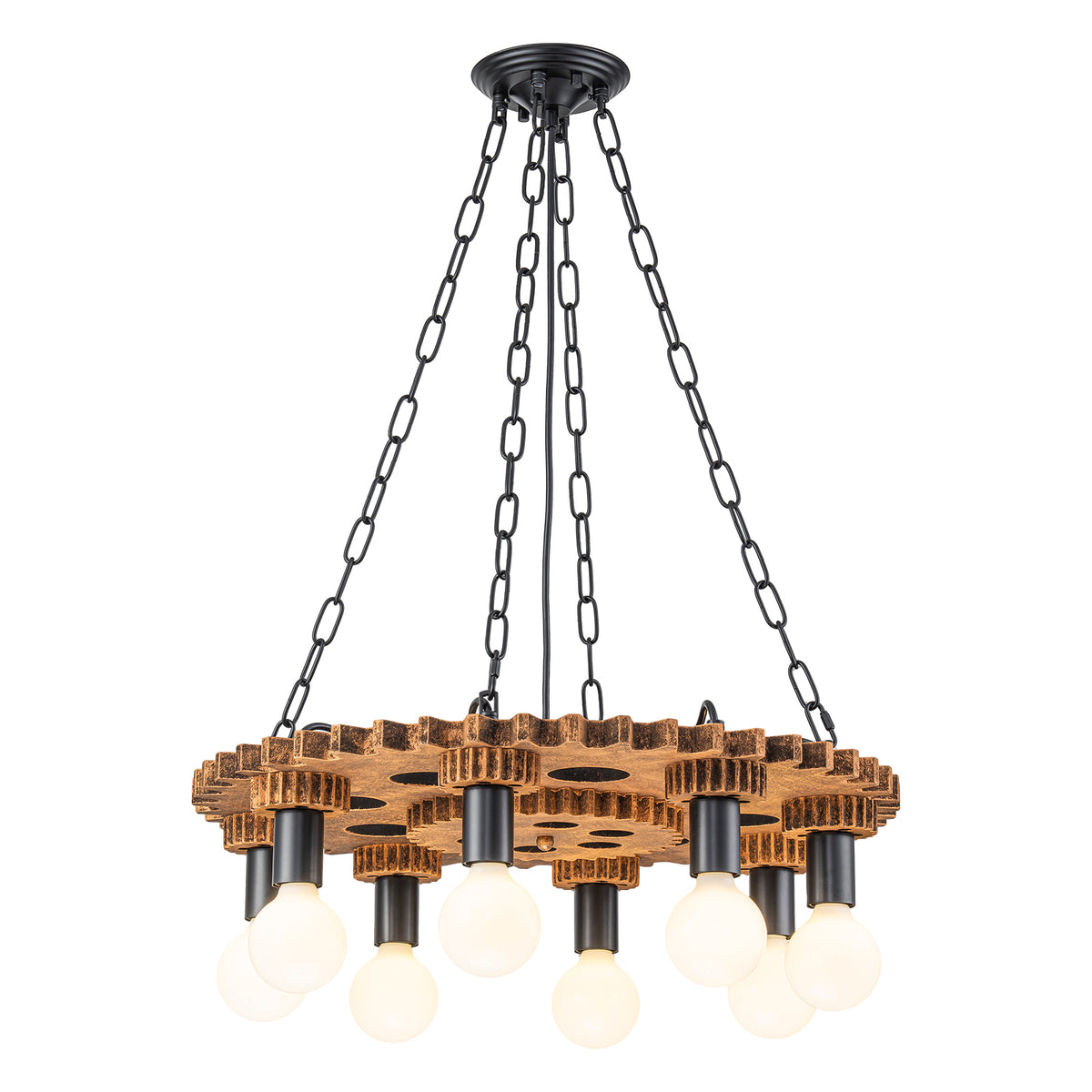 8-Light Industrial Steampunk Gear Chandelier with Vintage Wood - product image 17 | Zenvolit