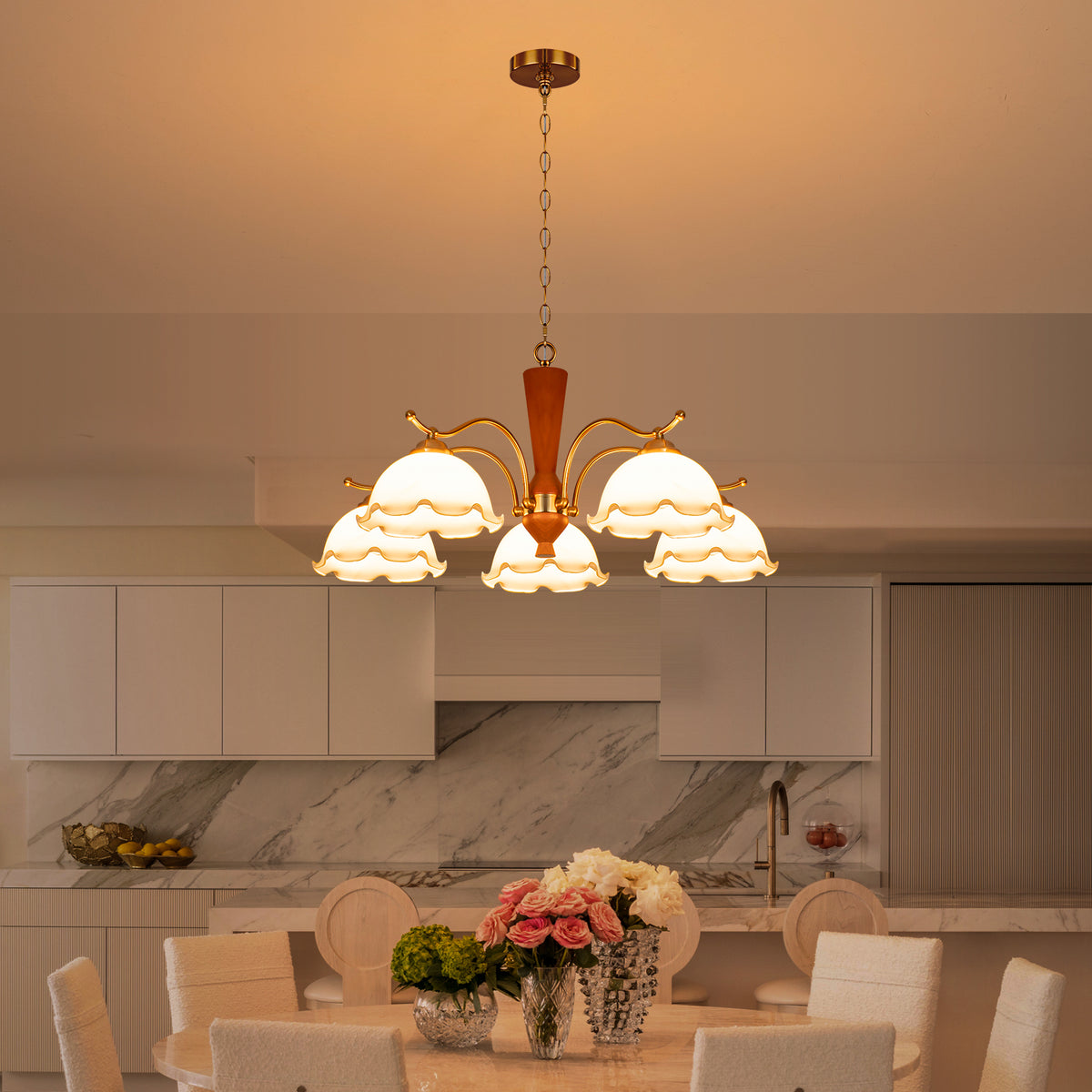 5-Light Mid-Century Modern Chandelier Floral Milky White Glass Shades - product image 6 | Zenvolit