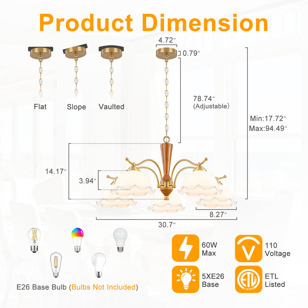 5-Light Mid-Century Modern Chandelier Floral Milky White Glass Shades - product image 11 | Zenvolit