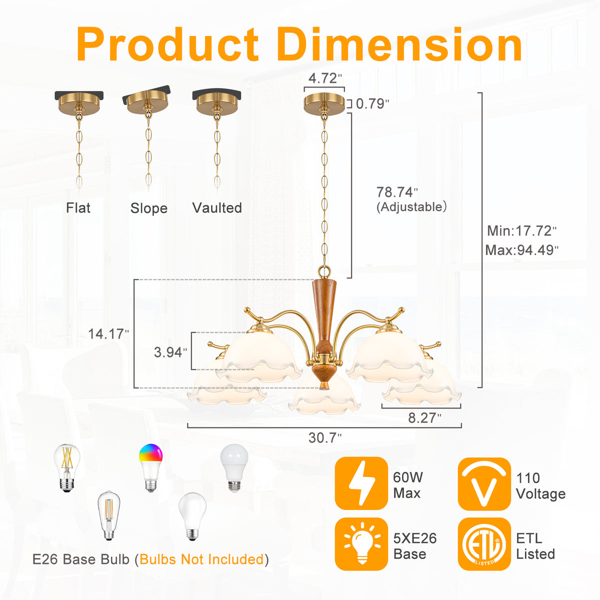 5-Light Mid-Century Modern Chandelier Floral Milky White Glass Shades - product image 11 | Zenvolit