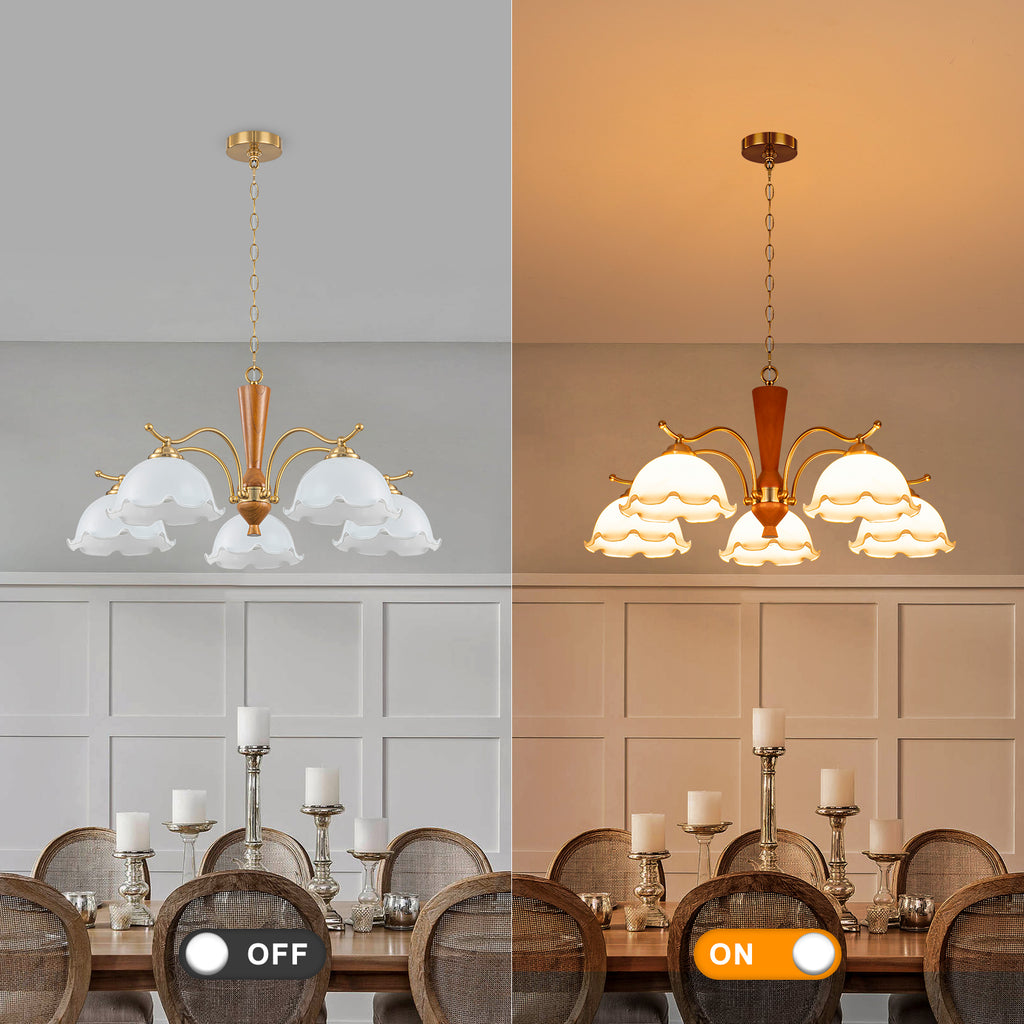 5-Light Mid-Century Modern Chandelier Floral Milky White Glass Shades - product image 12 | Zenvolit