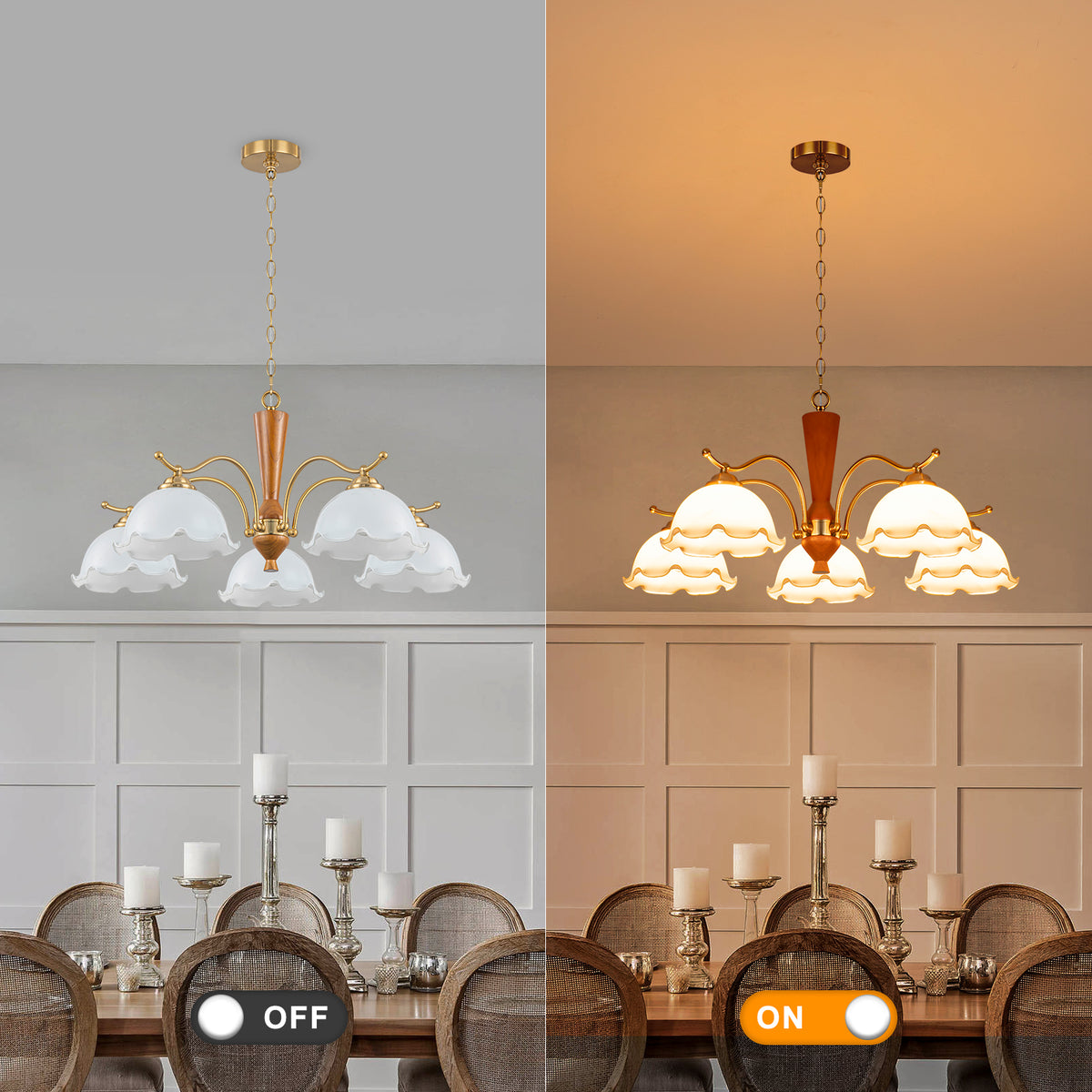 5-Light Mid-Century Modern Chandelier Floral Milky White Glass Shades - product image 12 | Zenvolit