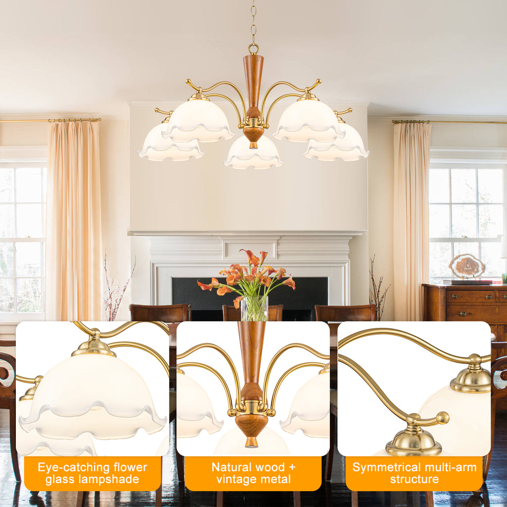 5-Light Mid-Century Modern Chandelier Floral Milky White Glass Shades - product image 13 | Zenvolit