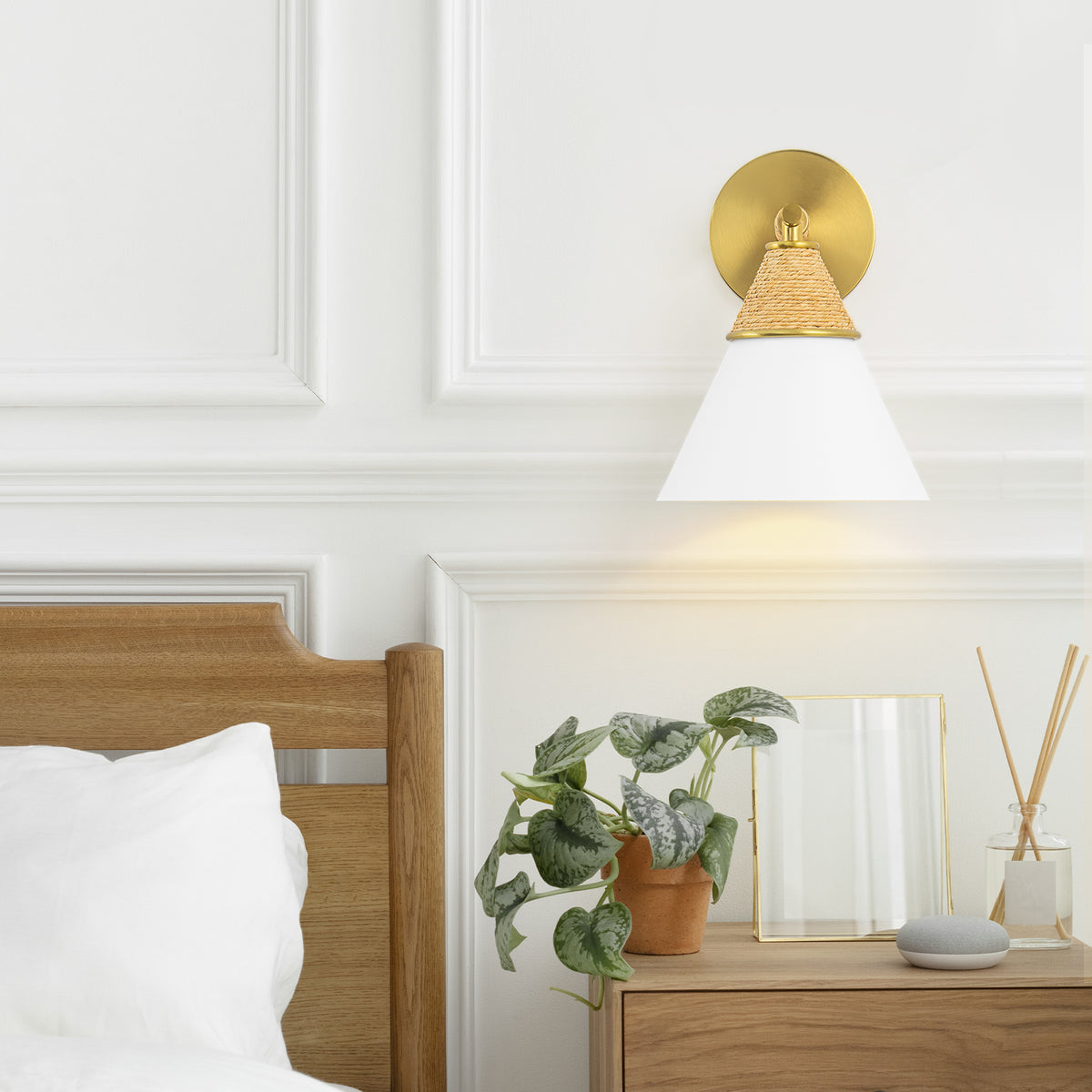 Wall Sconce with Milky Metal Cone Shade and Hand-Wrapped Jute Rope - product image 3 | Zenvolit
