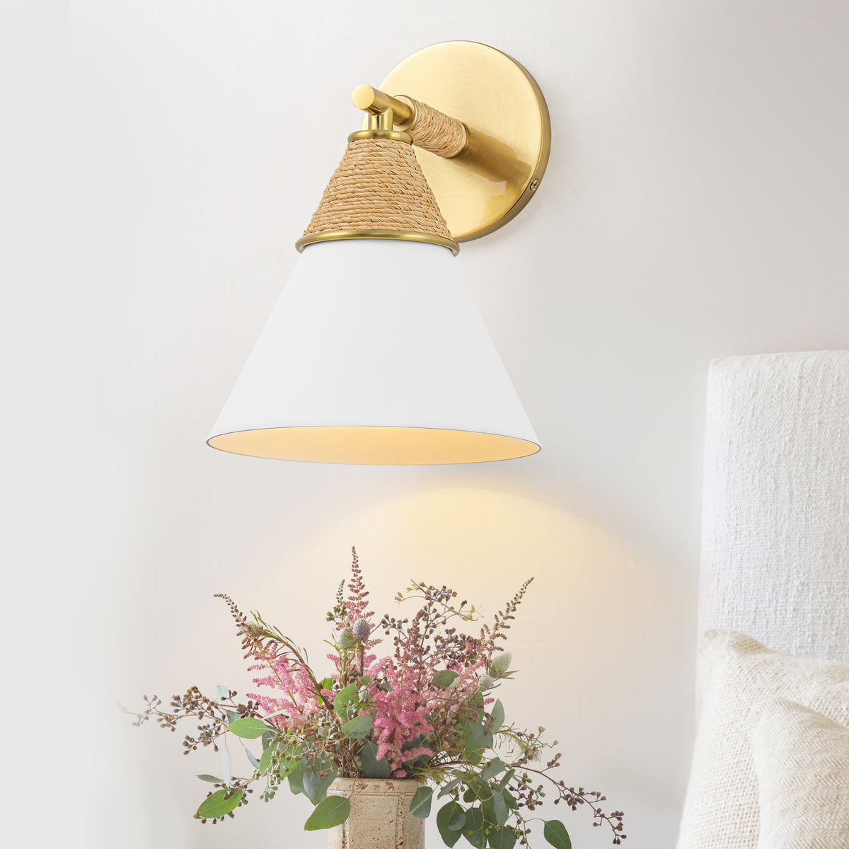 Wall Sconce with Milky Metal Cone Shade and Hand-Wrapped Jute Rope - product image 11 | Zenvolit