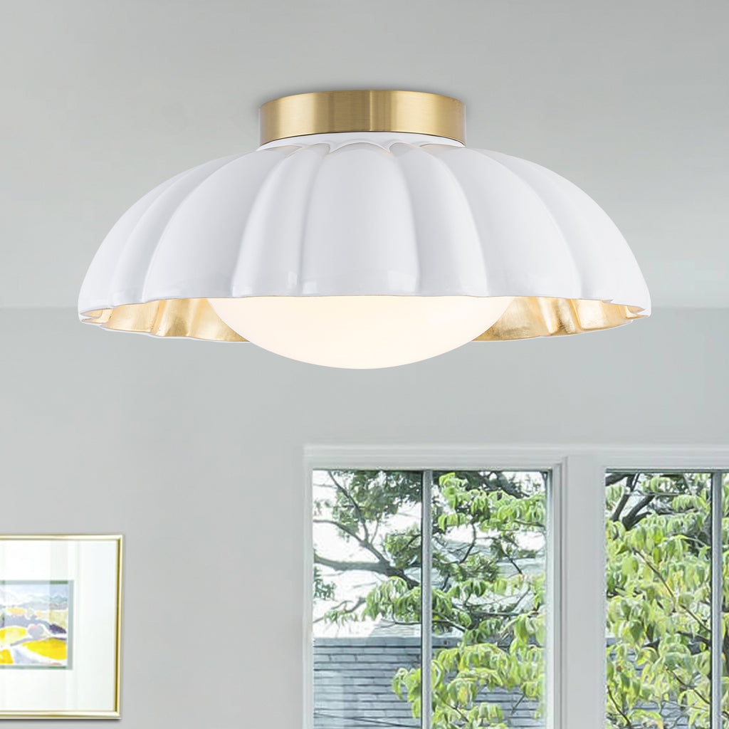 14 inch Dome Petal Design Pleated Milky White Shade Flush Mount Ceiling Light with Gold Foil Interior and E26 Ceramic Sockets - product image 1 | Zenvolit
