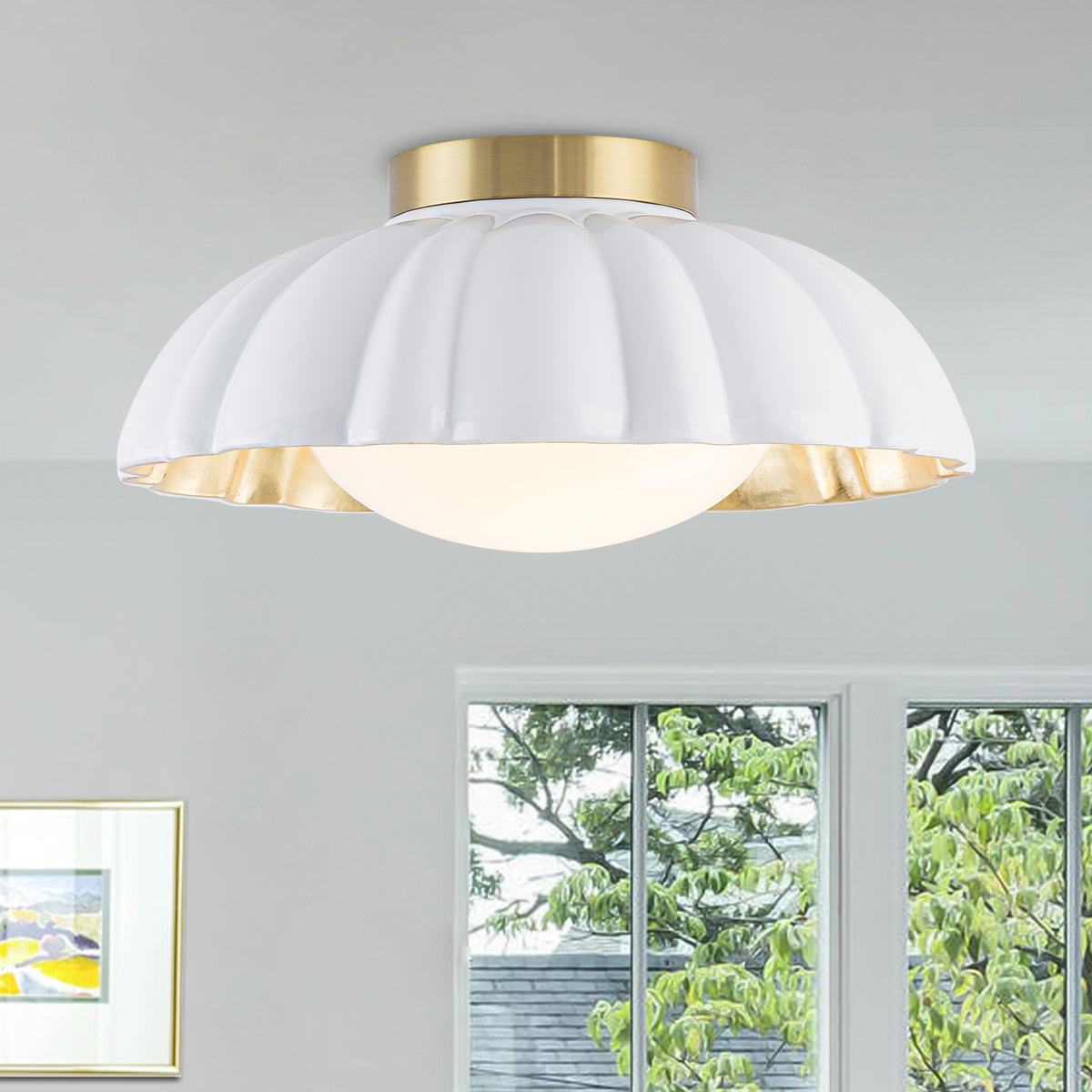 14 inch Dome Petal Design Pleated Milky White Shade Flush Mount Ceiling Light with Gold Foil Interior and E26 Ceramic Sockets - product image 1 | Zenvolit