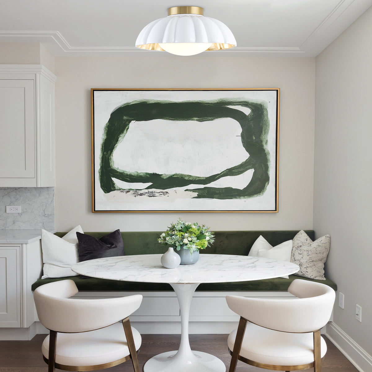 14 inch Dome Petal Design Pleated Milky White Shade Flush Mount Ceiling Light with Gold Foil Interior and E26 Ceramic Sockets - product image 2 | Zenvolit
