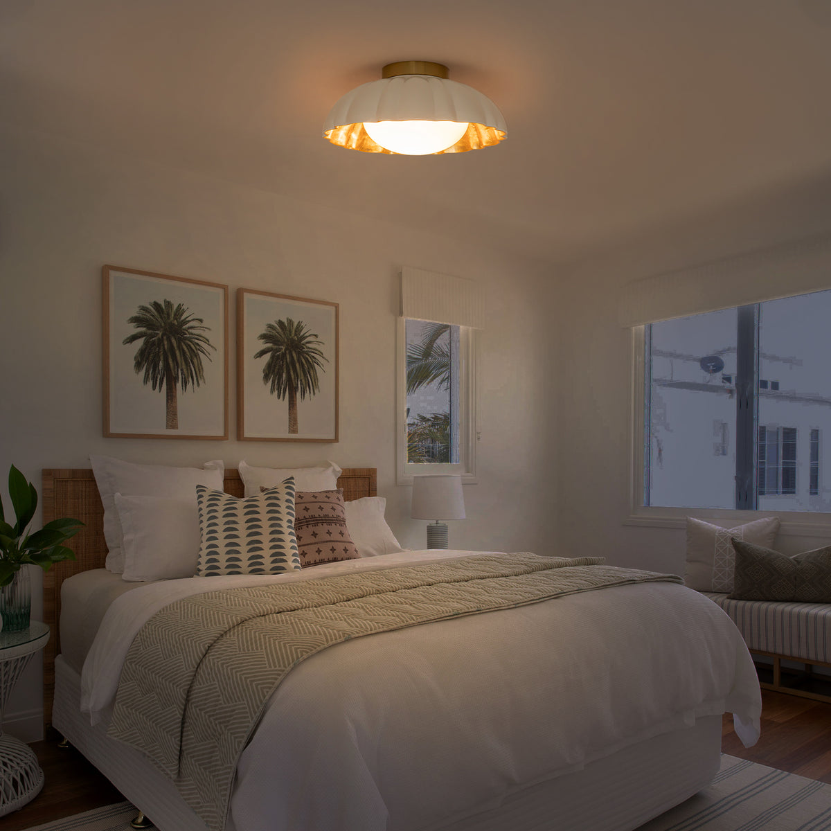 14 inch Dome Petal Design Pleated Milky White Shade Flush Mount Ceiling Light with Gold Foil Interior and E26 Ceramic Sockets - product image 3 | Zenvolit