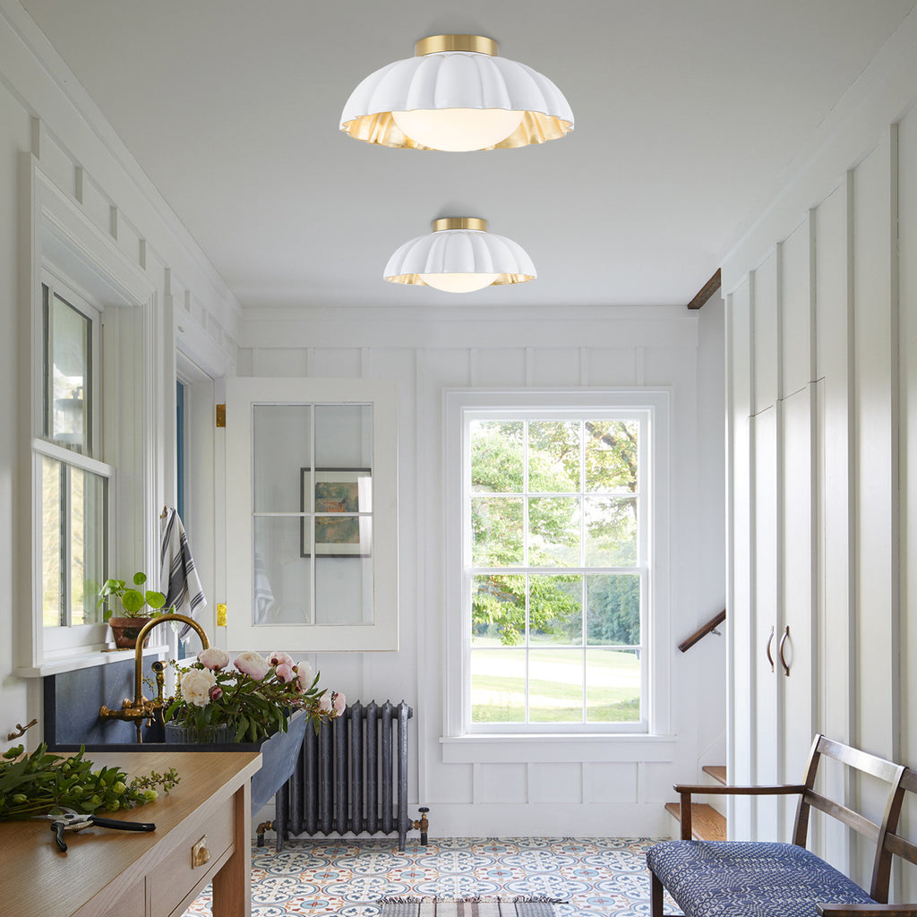 14 inch Dome Petal Design Pleated Milky White Shade Flush Mount Ceiling Light with Gold Foil Interior and E26 Ceramic Sockets - product image 4 | Zenvolit