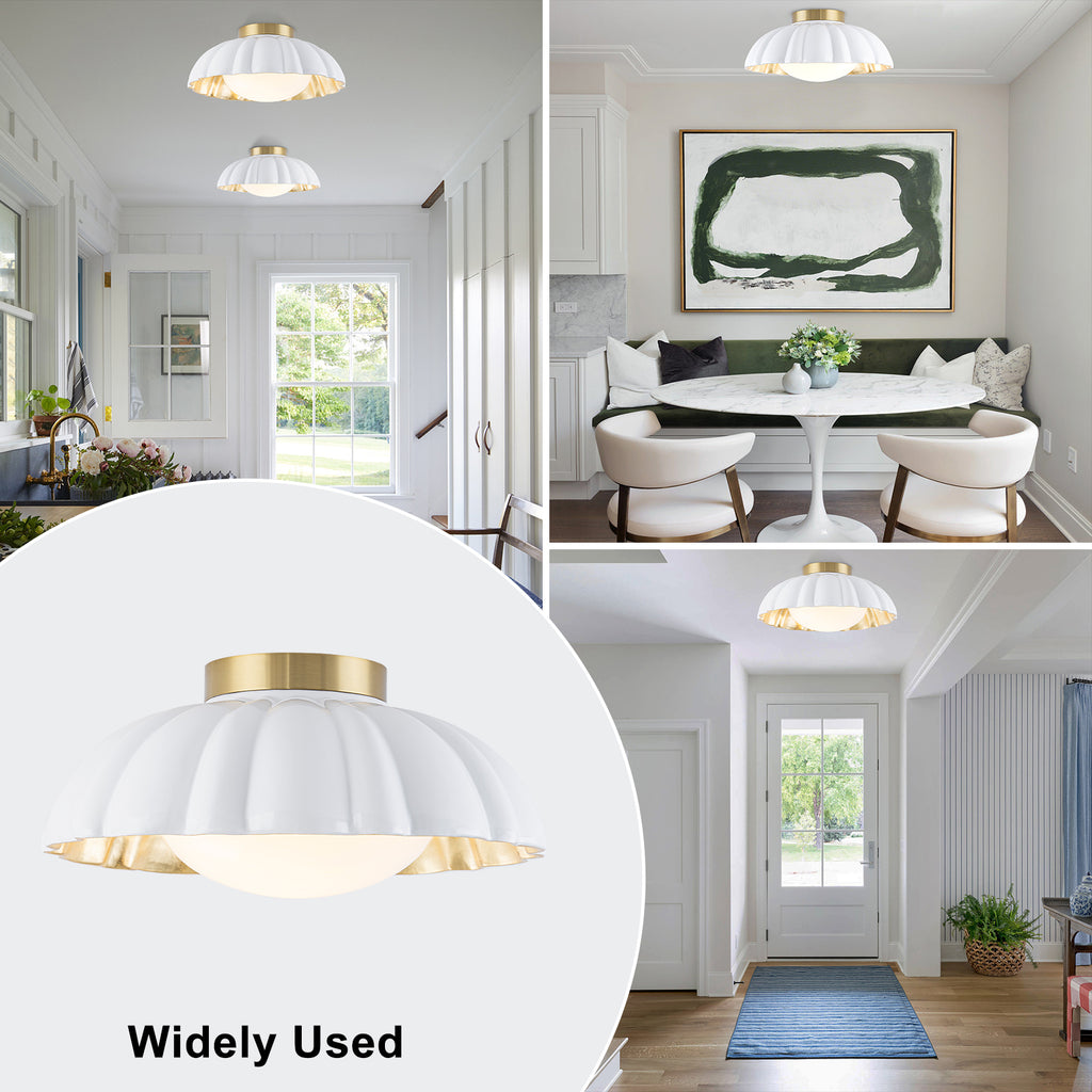 14 inch Dome Petal Design Pleated Milky White Shade Flush Mount Ceiling Light with Gold Foil Interior and E26 Ceramic Sockets - product image 6 | Zenvolit