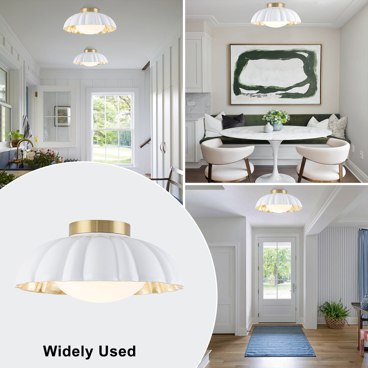 14 inch Dome Petal Design Pleated Milky White Shade Flush Mount Ceiling Light with Gold Foil Interior and E26 Ceramic Sockets - product image 6 | Zenvolit