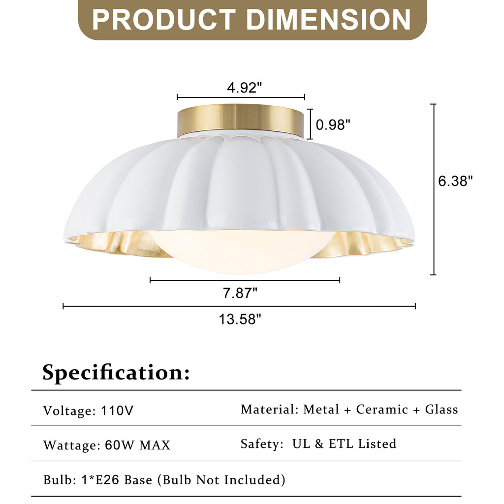 14 inch Dome Petal Design Pleated Milky White Shade Flush Mount Ceiling Light with Gold Foil Interior and E26 Ceramic Sockets - product image 7 | Zenvolit