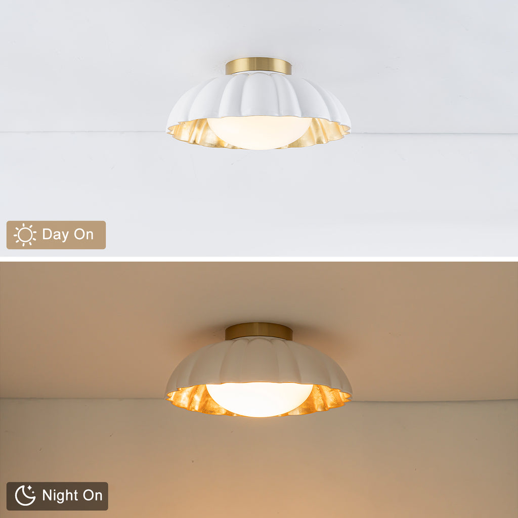 14 inch Dome Petal Design Pleated Milky White Shade Flush Mount Ceiling Light with Gold Foil Interior and E26 Ceramic Sockets - product image 8 | Zenvolit