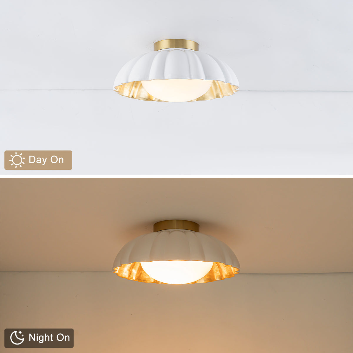 14 inch Dome Petal Design Pleated Milky White Shade Flush Mount Ceiling Light with Gold Foil Interior and E26 Ceramic Sockets - product image 8 | Zenvolit