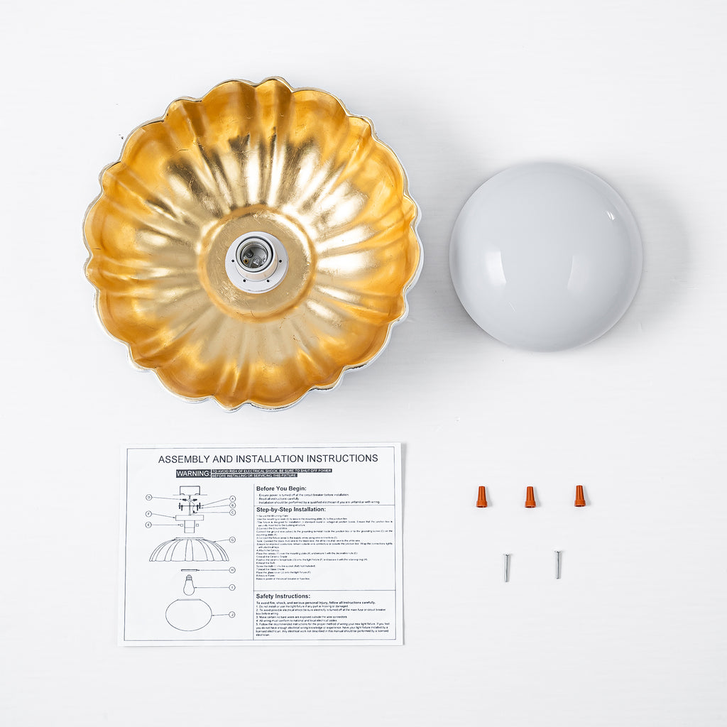 14 inch Dome Petal Design Pleated Milky White Shade Flush Mount Ceiling Light with Gold Foil Interior and E26 Ceramic Sockets - product image 13 | Zenvolit