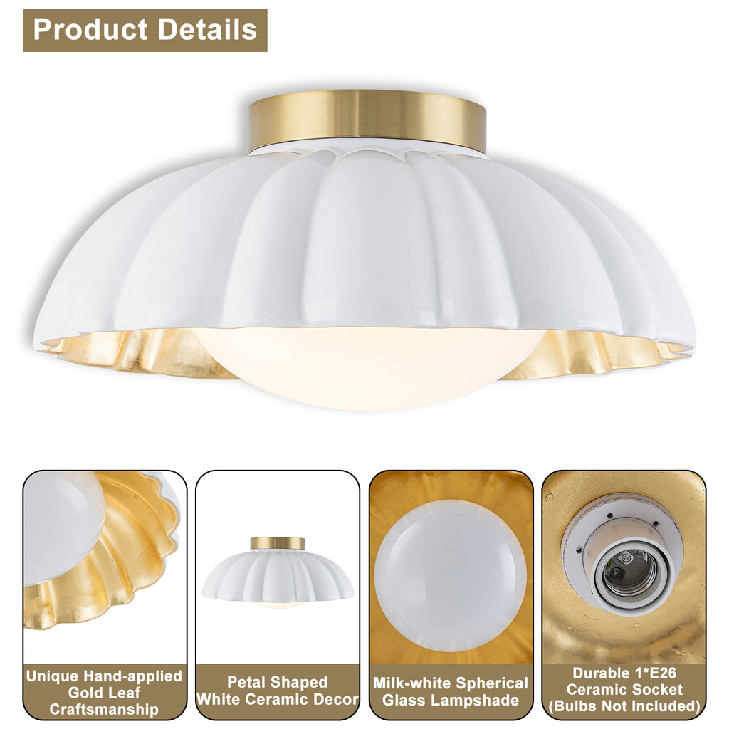 14 inch Dome Petal Design Pleated Milky White Shade Flush Mount Ceiling Light with Gold Foil Interior and E26 Ceramic Sockets - product image 14 | Zenvolit