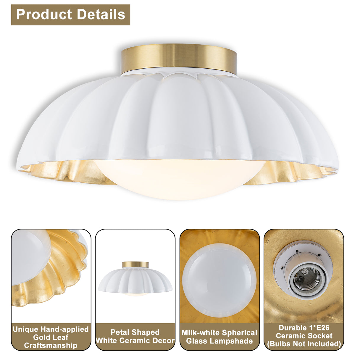 14 inch Dome Petal Design Pleated Milky White Shade Flush Mount Ceiling Light with Gold Foil Interior and E26 Ceramic Sockets - product image 14 | Zenvolit